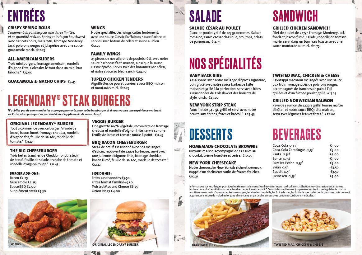 Hard Rock Cafe menu